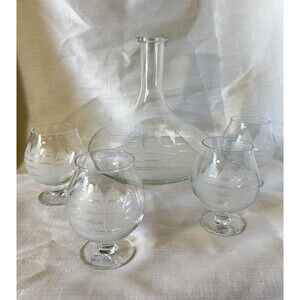 Vintage Barware Set Decanter 4 Brandy Glasses Toscany Clipper Etched Design 1970